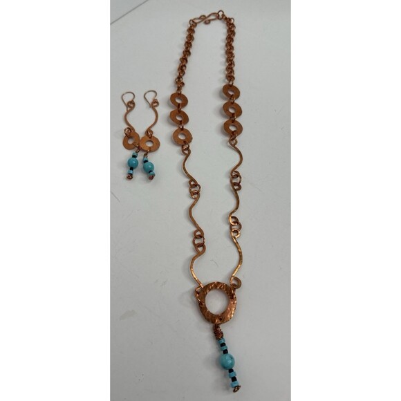 Copper Wire Necklace Earrings Set With Turquoise Gemstones Hand Crafted Boho - Picture 10 of 15